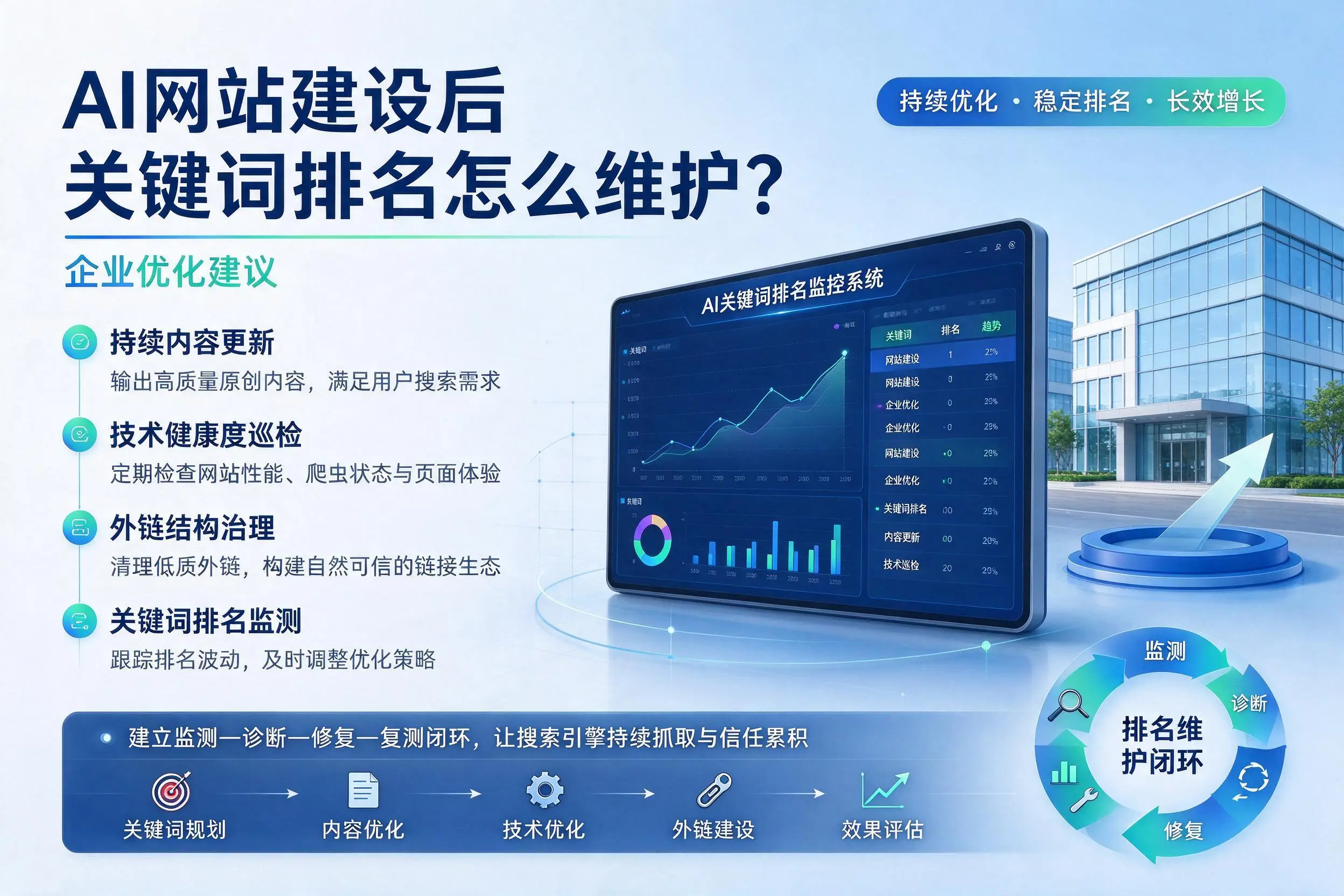 AI网站建设后关键词排名怎么维护?哈密企业优化建议